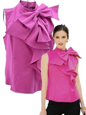 NEW Gracia Vibrant Large Pink Preppy Bow Detail Sleeveless Blouse Size Medium